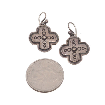Vintage 1970s Sterling Silver Navajo Cross Drop Southwestern Native American Earrings