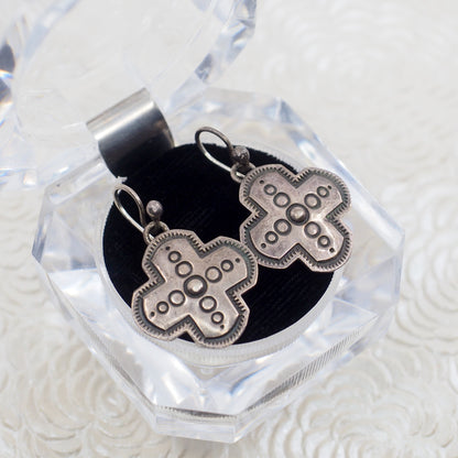 Vintage 1970s Sterling Silver Navajo Cross Drop Southwestern Native American Earrings