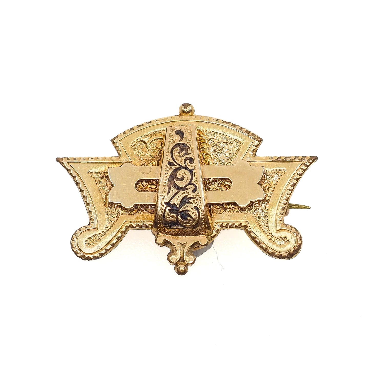 Victorian Mourning Brooch: Taille d'Epergne Black Enamel Rolled Gold, 1880s