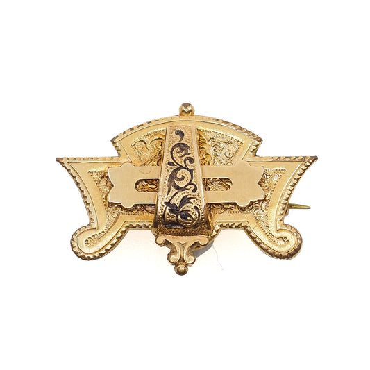 Victorian Mourning Brooch: Taille d'Epergne Black Enamel Rolled Gold, 1880s