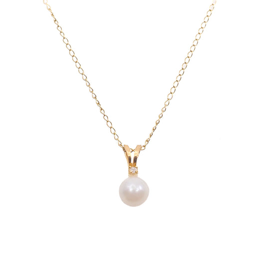 Vintage 14K Yellow Gold Akoya Pearl Diamond Pendant Necklace