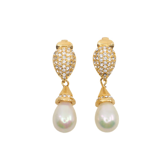 Vintage 1990s CHRISTIAN DIOR Designer Gold Plate, Rhinestone, Imitation Pearl Large Statement Drop Clip On Earrings