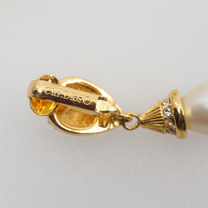 Vintage 1990s CHRISTIAN DIOR Designer Gold Plate, Rhinestone, Imitation Pearl Large Statement Drop Clip On Earrings