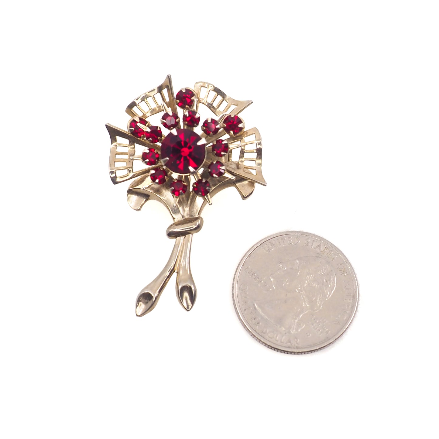 Vintage 1980s Gold Tone and Red Rhinestone Flower Brooch