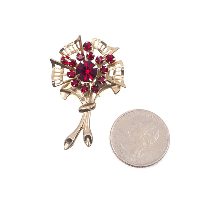 Vintage 1980s Gold Tone and Red Rhinestone Flower Brooch