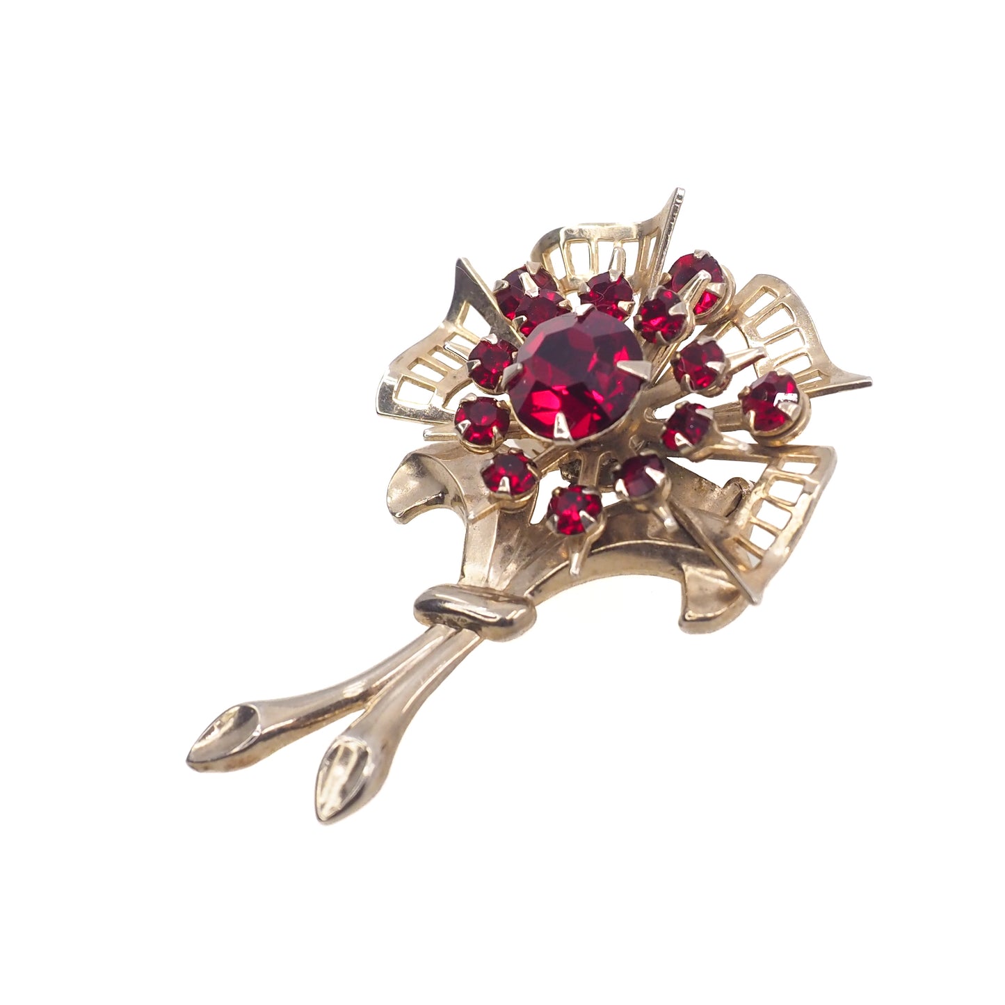 Vintage 1980s Gold Tone and Red Rhinestone Flower Brooch