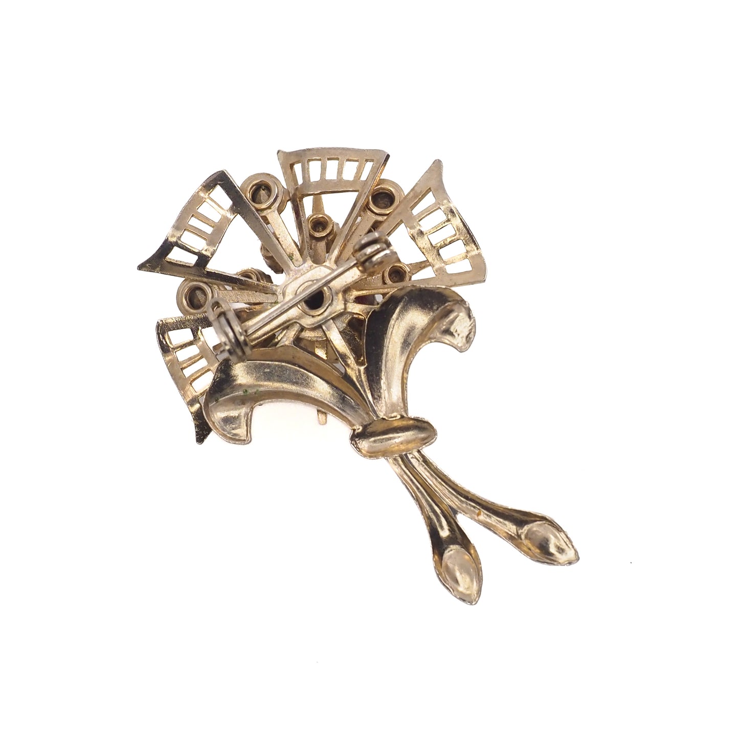 Vintage 1980s Gold Tone and Red Rhinestone Flower Brooch