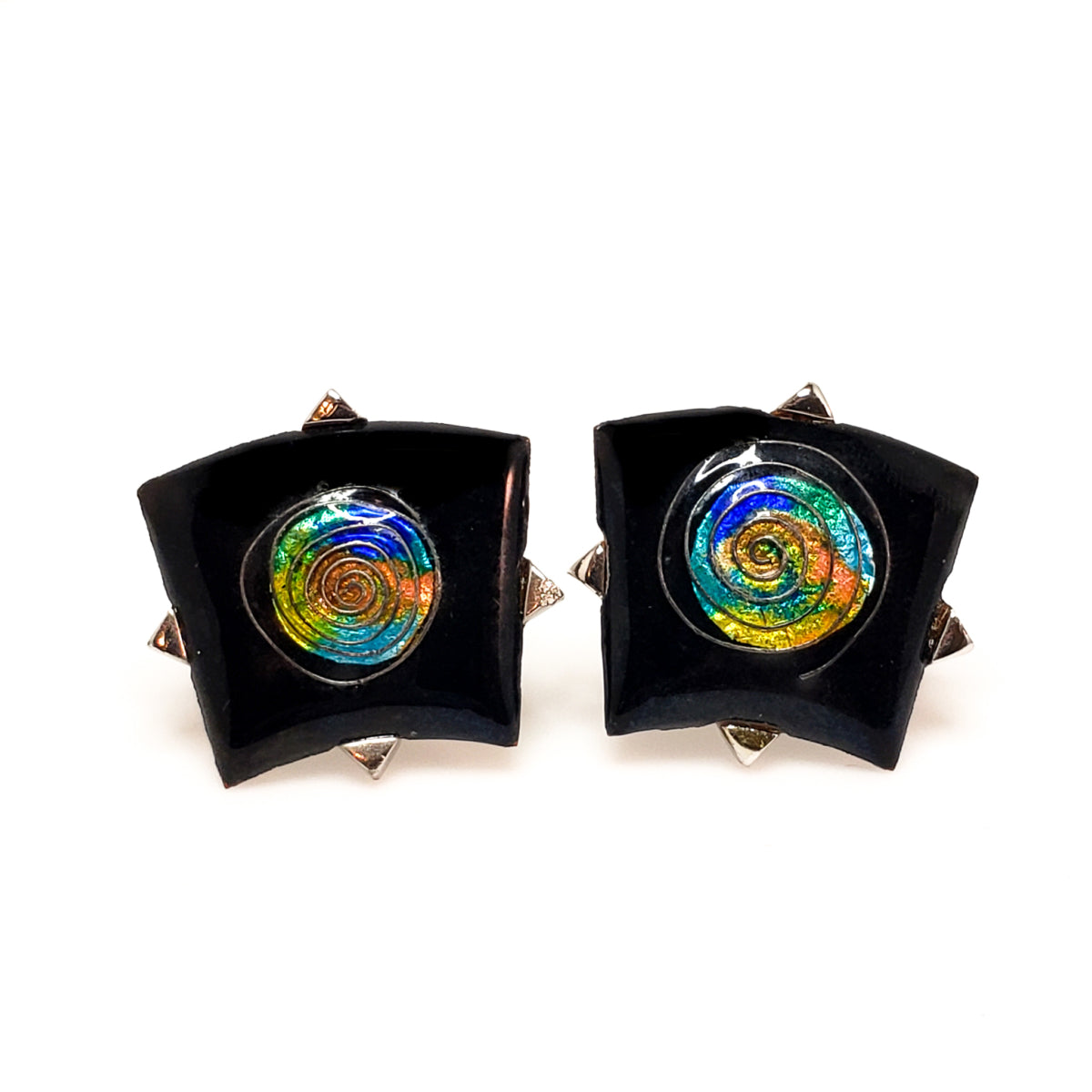 Vintage 1960s Large Art Glass and Silver Plate Black Rainbow Swirl Statement Unisex Cuff Links image 0