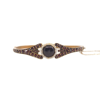 Antique 1890s Victorian Bohemian Pyrope Garnet Seed Pearl Gilt Hinged Bangle 7" Bracelet