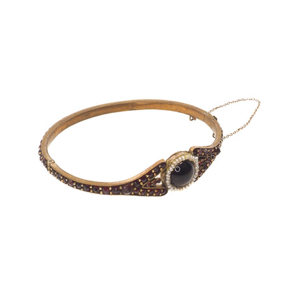Antique 1890s Victorian Bohemian Pyrope Garnet Seed Pearl Gilt Hinged Bangle 7" Bracelet