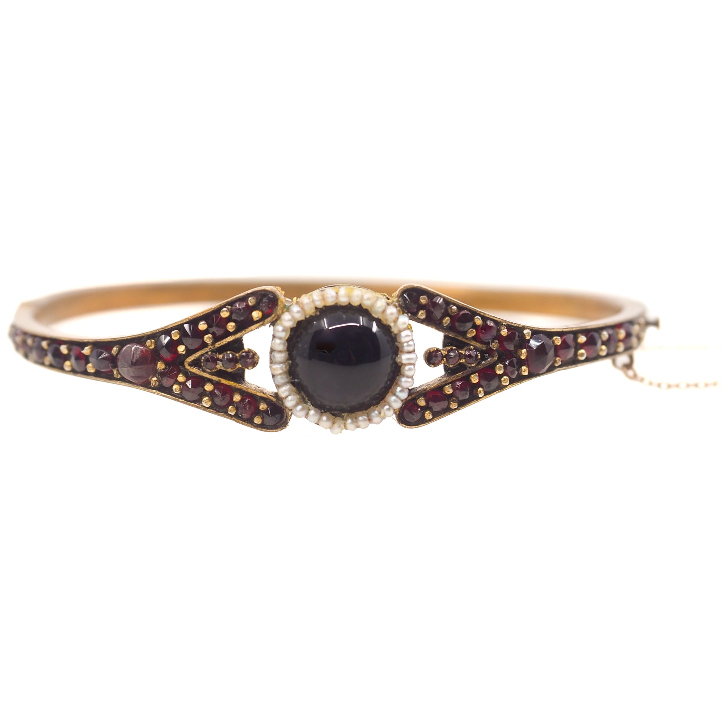 Antique 1890s Victorian Bohemian Pyrope Garnet Seed Pearl Gilt Hinged Bangle 7" Bracelet