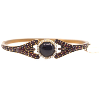 Antique 1890s Victorian Bohemian Pyrope Garnet Seed Pearl Gilt Hinged Bangle 7" Bracelet