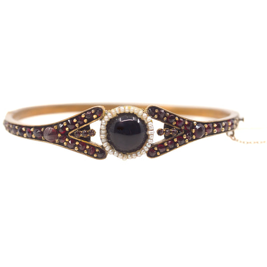 Antique 1890s Victorian Bohemian Pyrope Garnet Seed Pearl Gilt Hinged Bangle 7" Bracelet