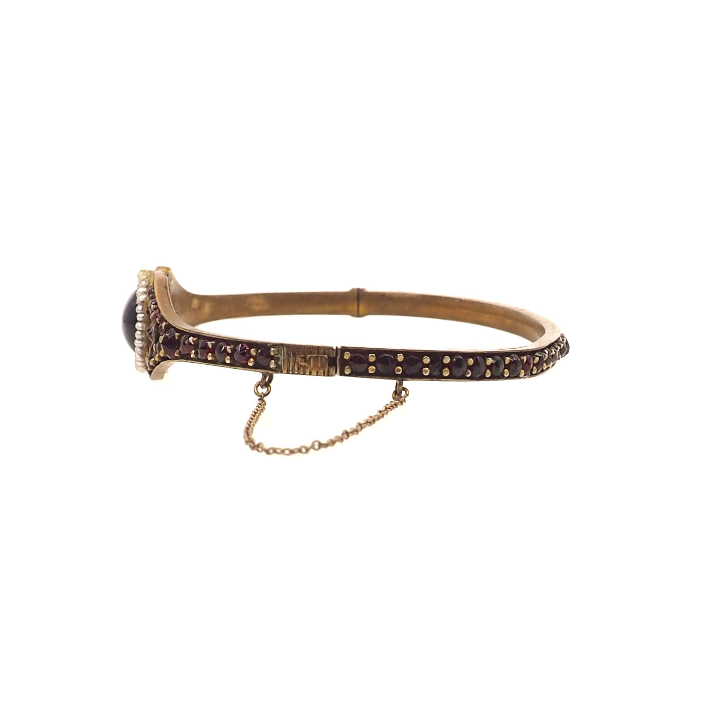 Antique 1890s Victorian Bohemian Pyrope Garnet Seed Pearl Gilt Hinged Bangle 7" Bracelet