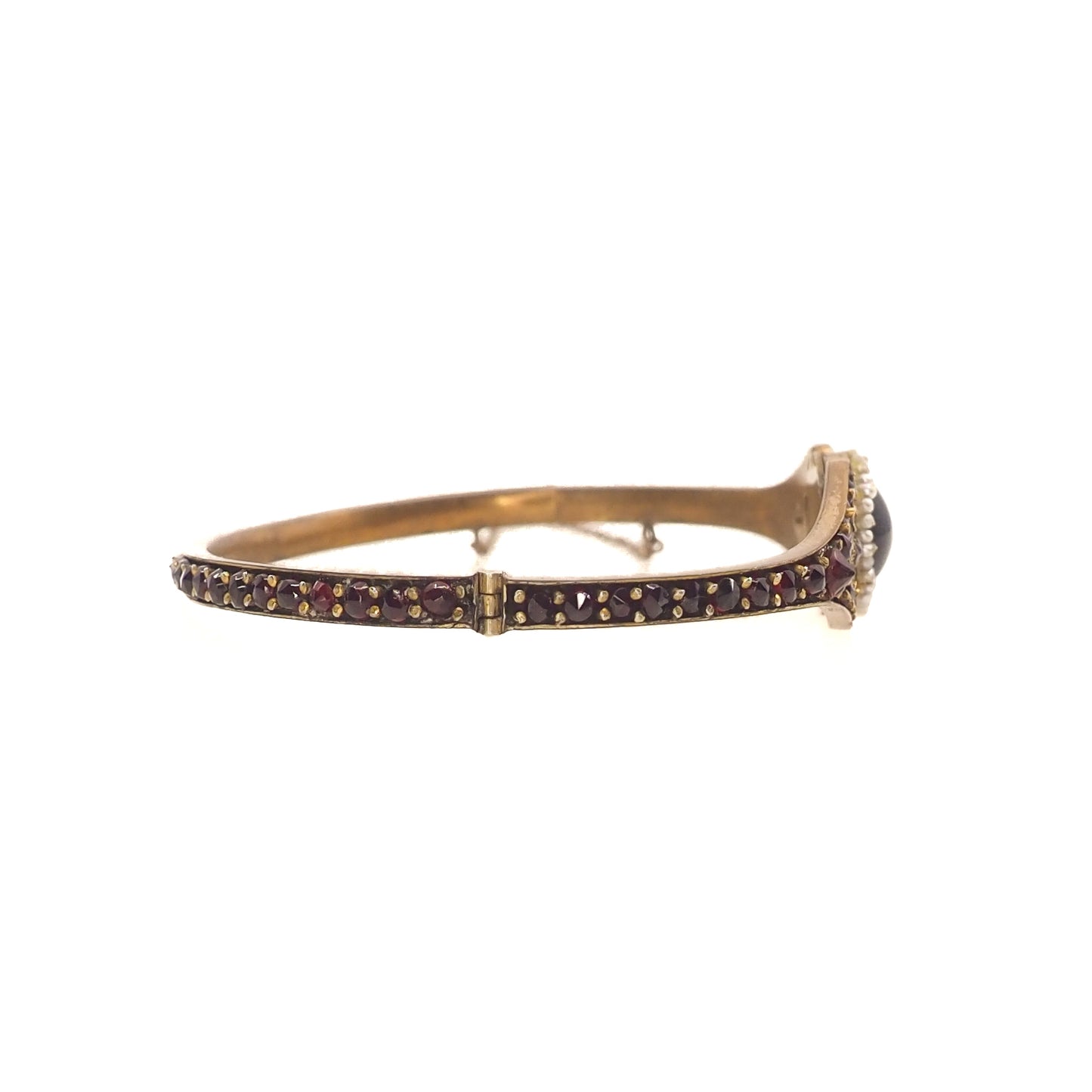 Antique 1890s Victorian Bohemian Pyrope Garnet Seed Pearl Gilt Hinged Bangle 7" Bracelet