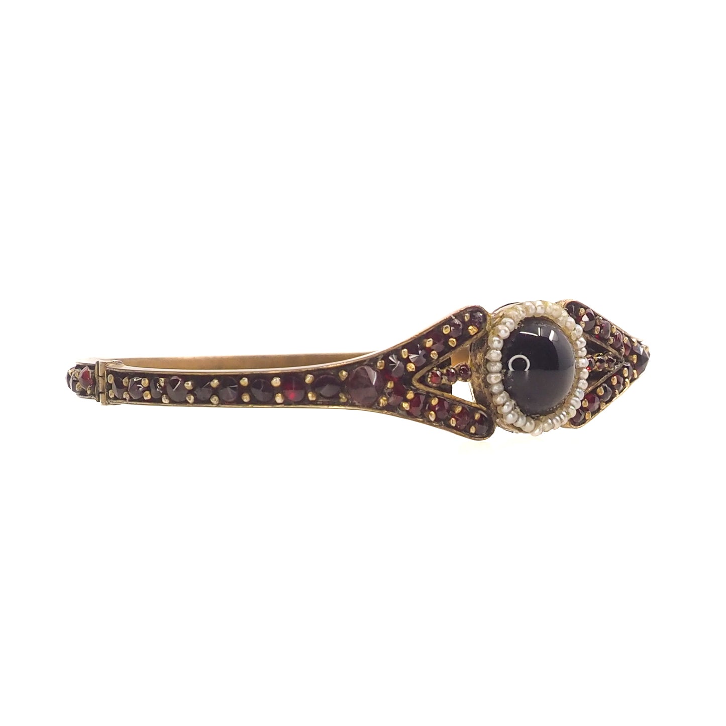 Antique 1890s Victorian Bohemian Pyrope Garnet Seed Pearl Gilt Hinged Bangle 7" Bracelet