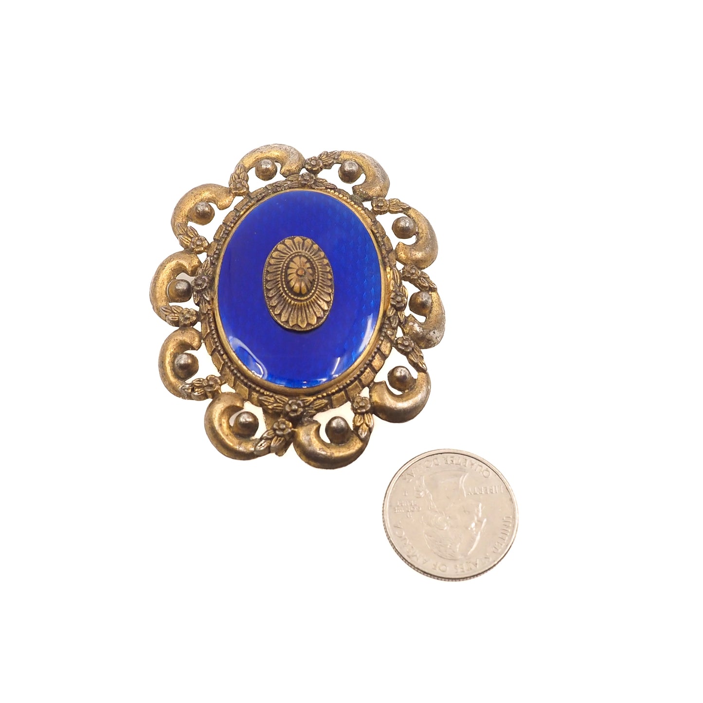 Vintage 1930s Victorian Revival Guilloché Blue Enamel and Gilt Statement Dress Clip
