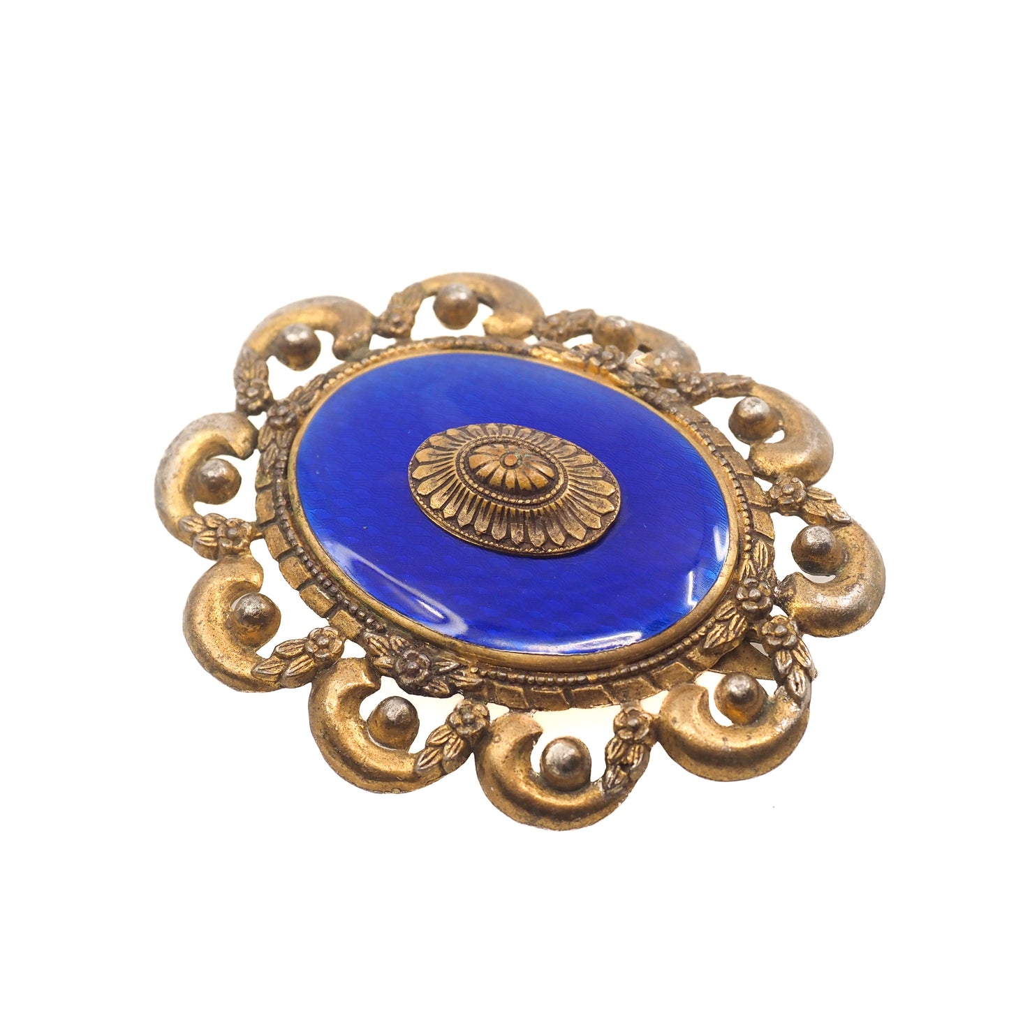 Vintage 1930s Victorian Revival Guilloché Blue Enamel and Gilt Statement Dress Clip