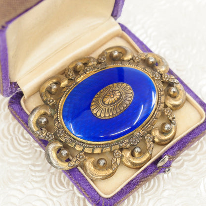 Vintage 1930s Victorian Revival Guilloché Blue Enamel and Gilt Statement Dress Clip