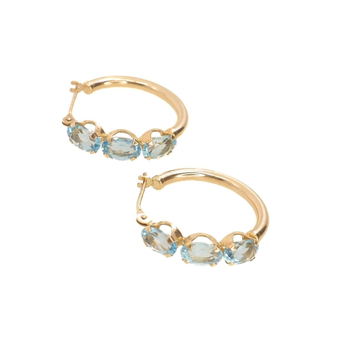 Vintage 1990s Blue Topaz and 10K Yellow Gold Hoop Pierced Earrings
