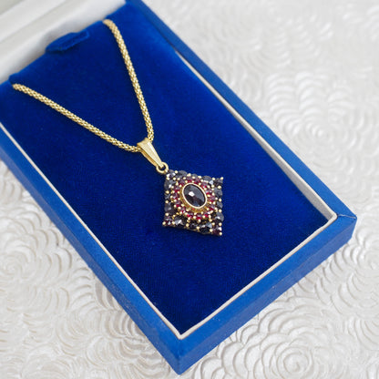 Vintage 1960s GRANAT TURNOV Bohemian Garnet Diamond-Shape Cluster Pendant 29" Necklace