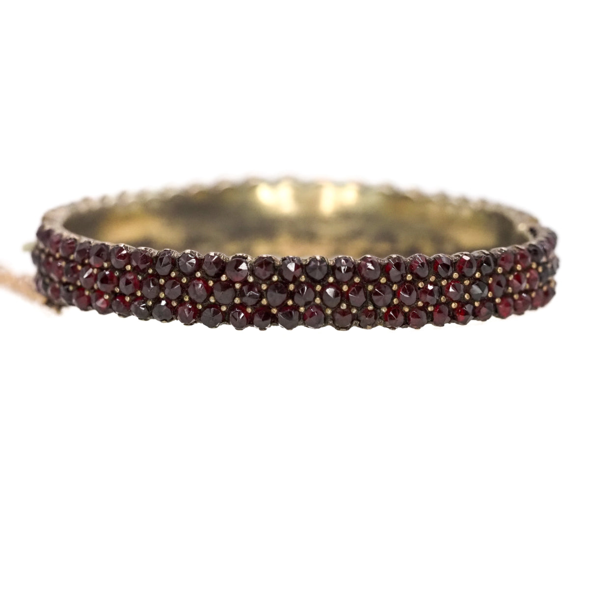 Antique 1900s Rose Cut Bohemian Garnet and Gilt Three Row Hinged Bangle 6.75" Bracelet image 4