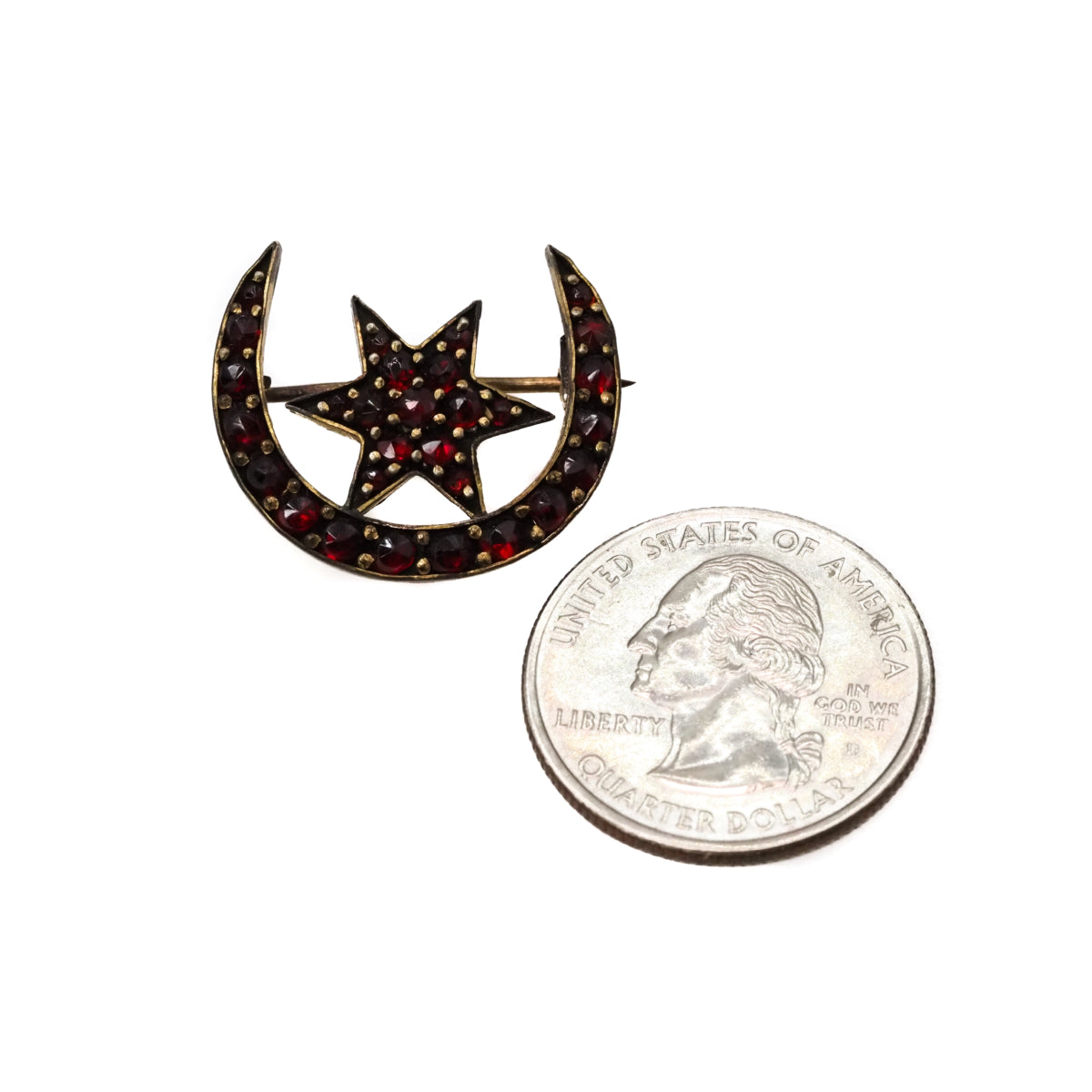 Antique 1910s Rose Cut Bohemian Garnet Star and Crescent Moon Cluster Gilt Brooch image 5