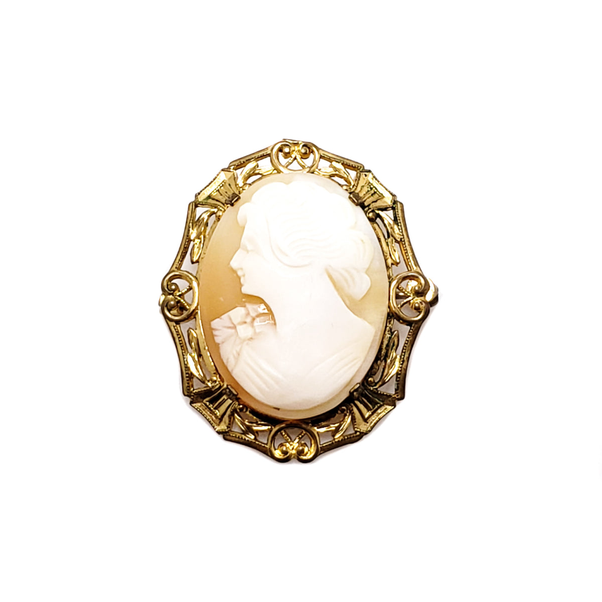 Antique 1910s Shell and Gold Filled Metal Carved Cameo Brooch image 0