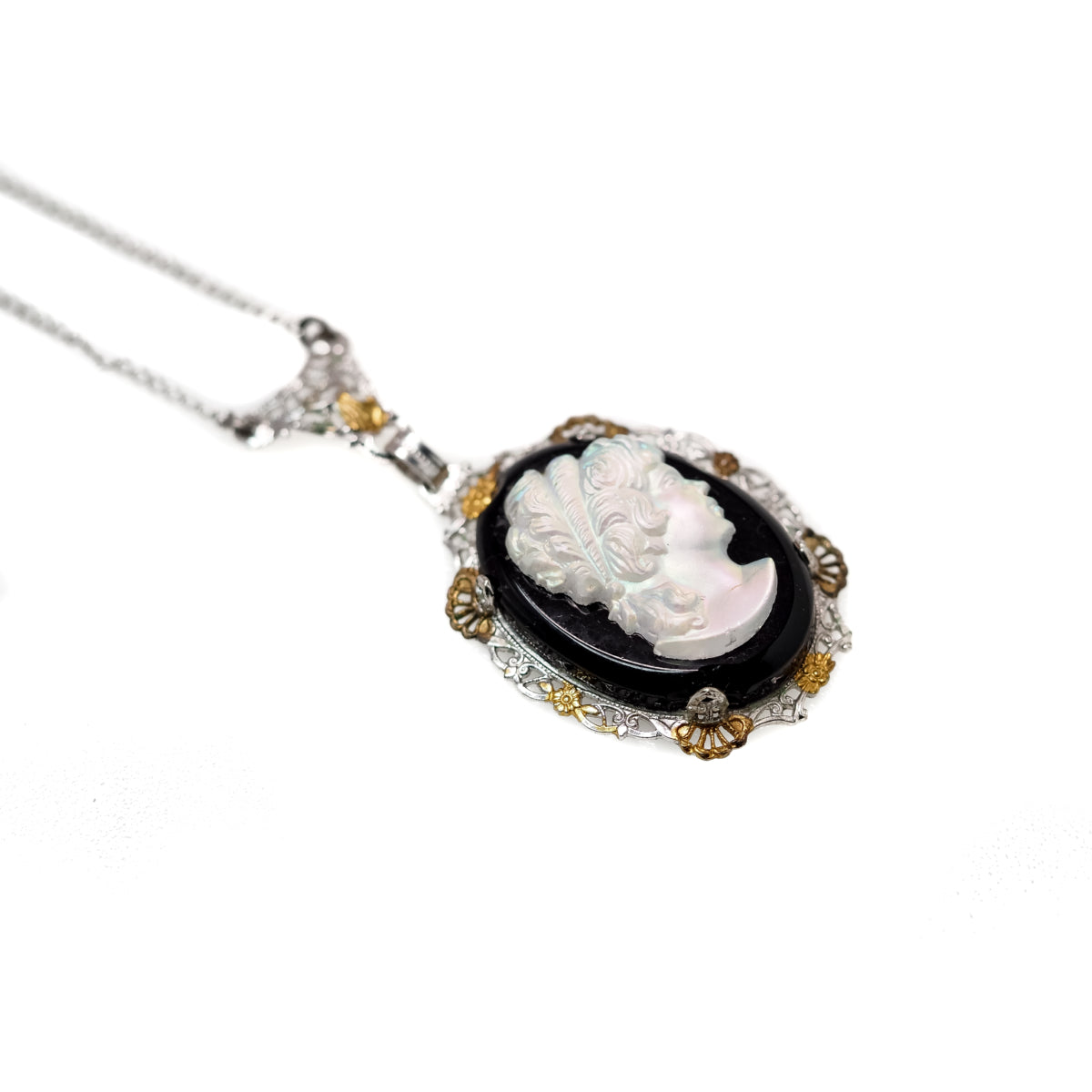 Antique 1920s Art Deco Iridescent Glass, Imitation Onyx, Gold Plate, and Sterling Silver Filigree 18" Necklace image 3