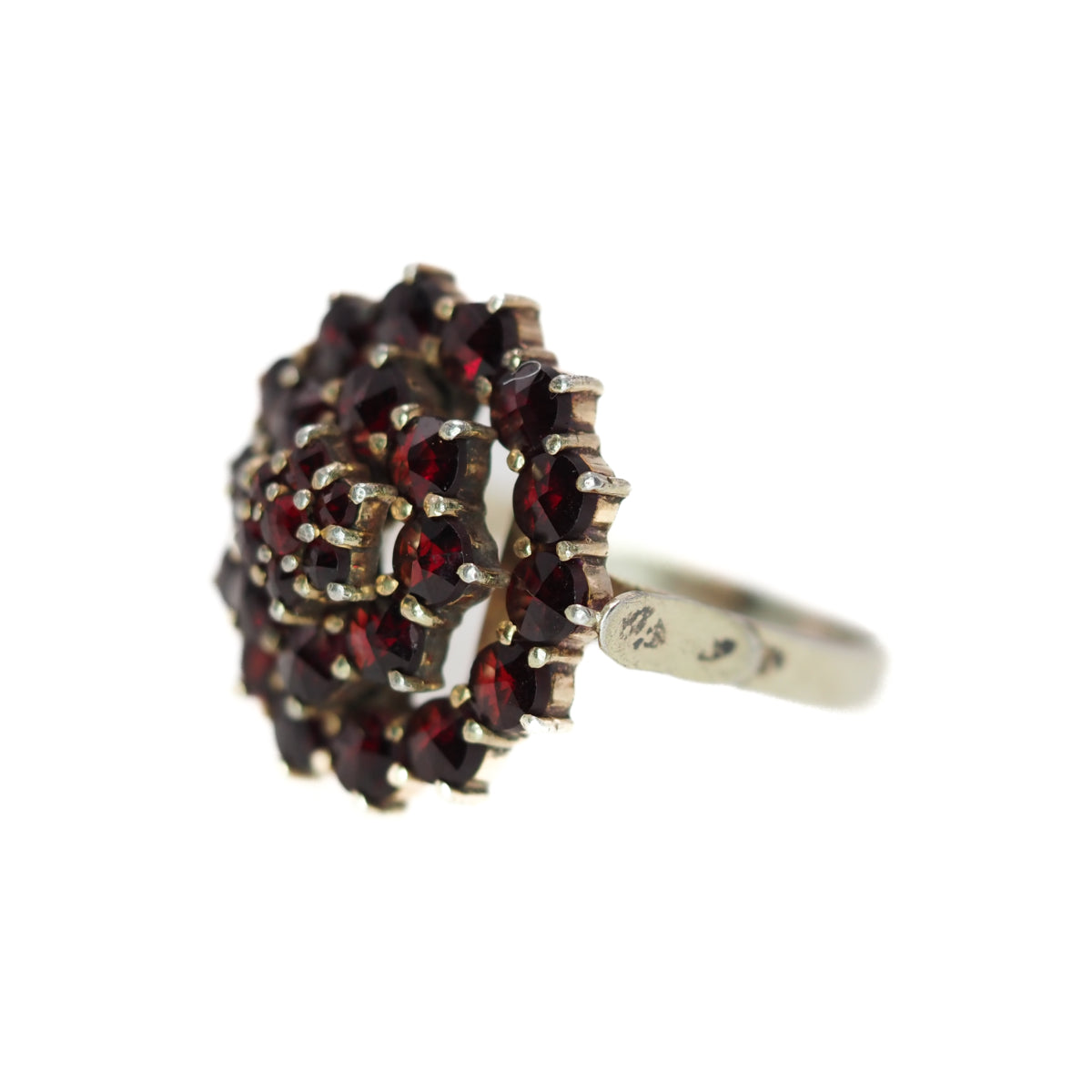 Vintage 1960s Rose Cut Pyrope Garnet and Gold Washed 800 Silver Cluster Ring Size 8.5 image 5