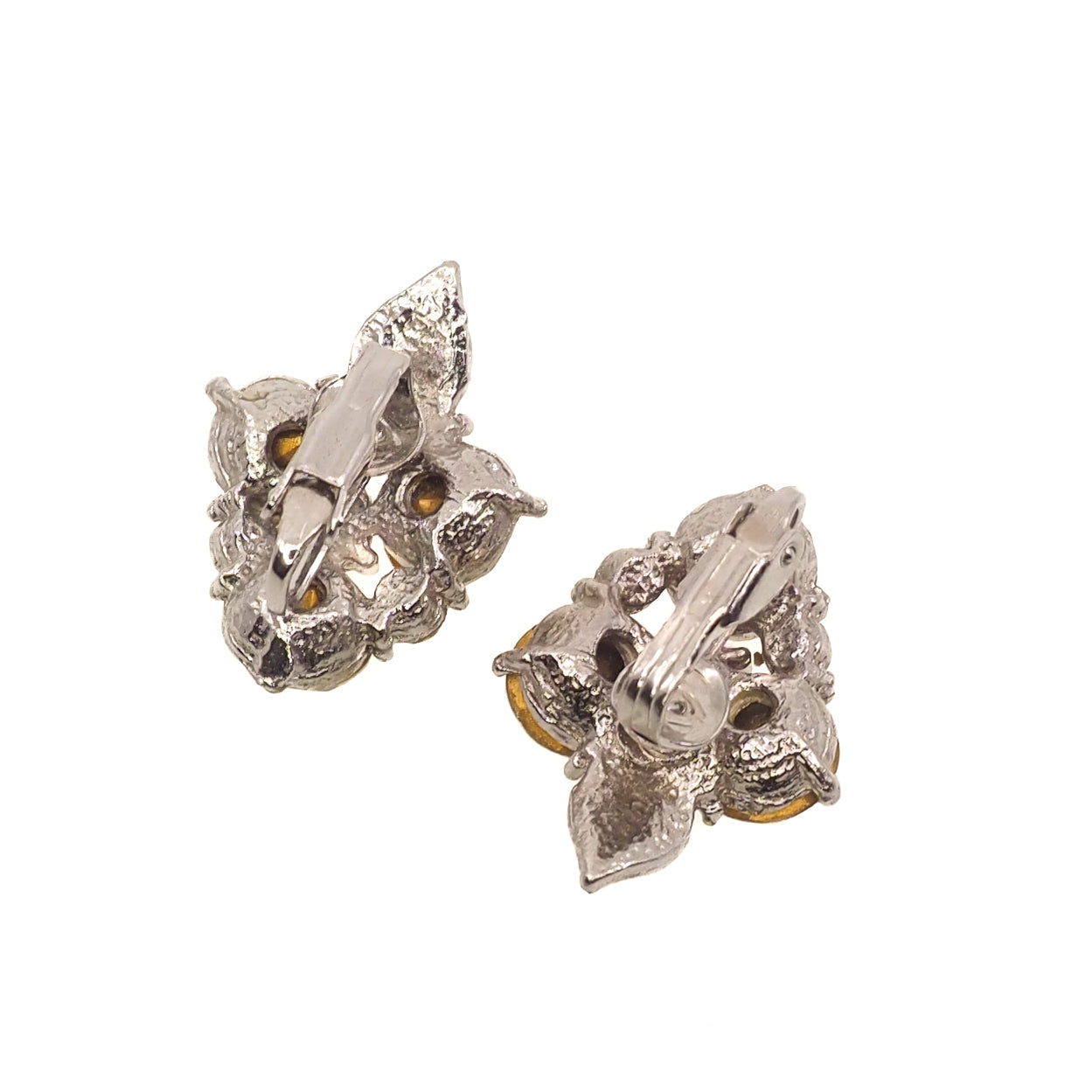 Vintage 1960s Clear Rhinestone and Silver Tone Leaf Cluster Clip-On Earrings