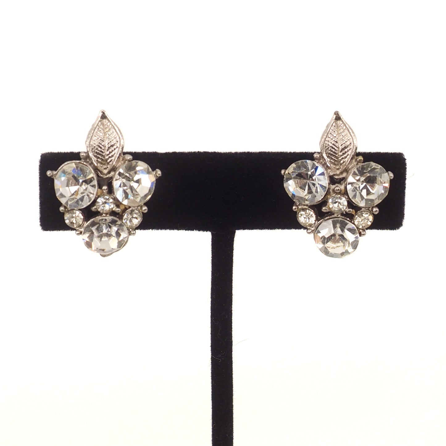 Vintage 1960s Clear Rhinestone and Silver Tone Leaf Cluster Clip-On Earrings