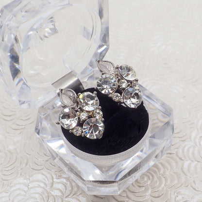Vintage 1960s Clear Rhinestone and Silver Tone Leaf Cluster Clip-On Earrings