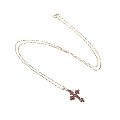 Vintage 1960s Red Garnet and Gilt Cross Pendant 24" Necklace