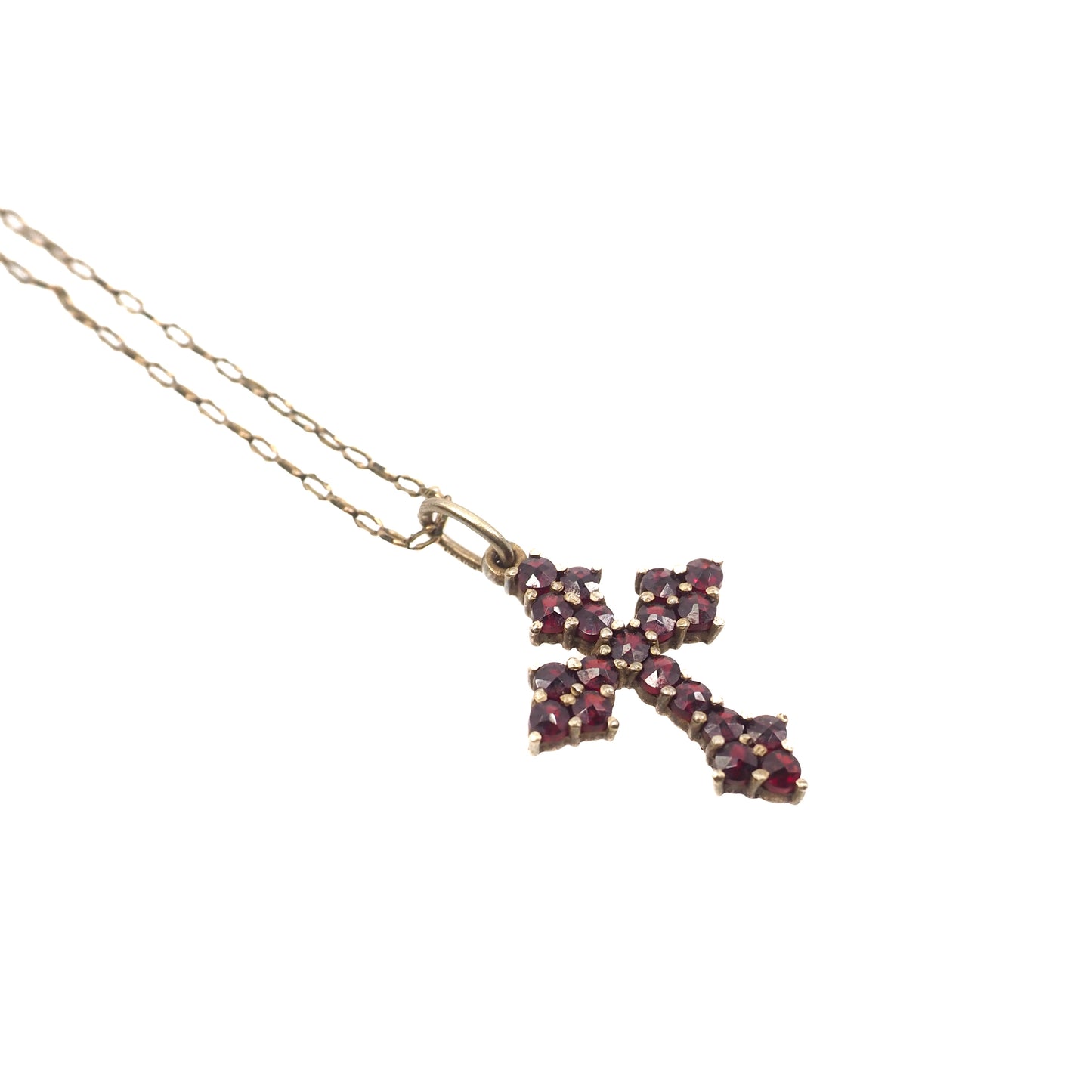 Vintage 1960s Red Garnet and Gilt Cross Pendant 24" Necklace