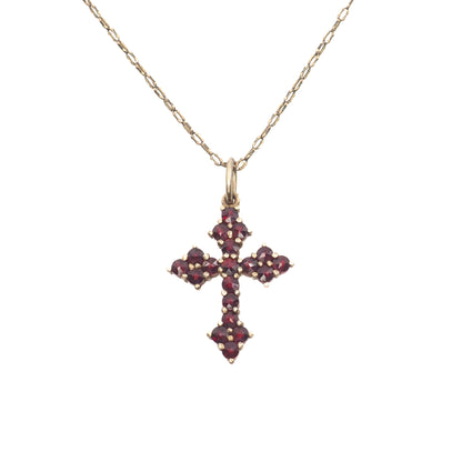 Vintage 1960s Red Garnet and Gilt Cross Pendant 24" Necklace