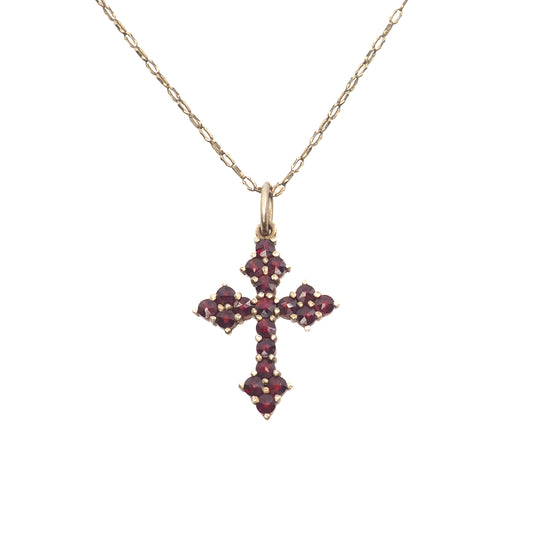 Vintage 1960s Red Garnet and Gilt Cross Pendant 24" Necklace
