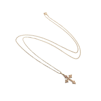 Vintage 1960s Red Garnet and Gilt Cross Pendant 24" Necklace