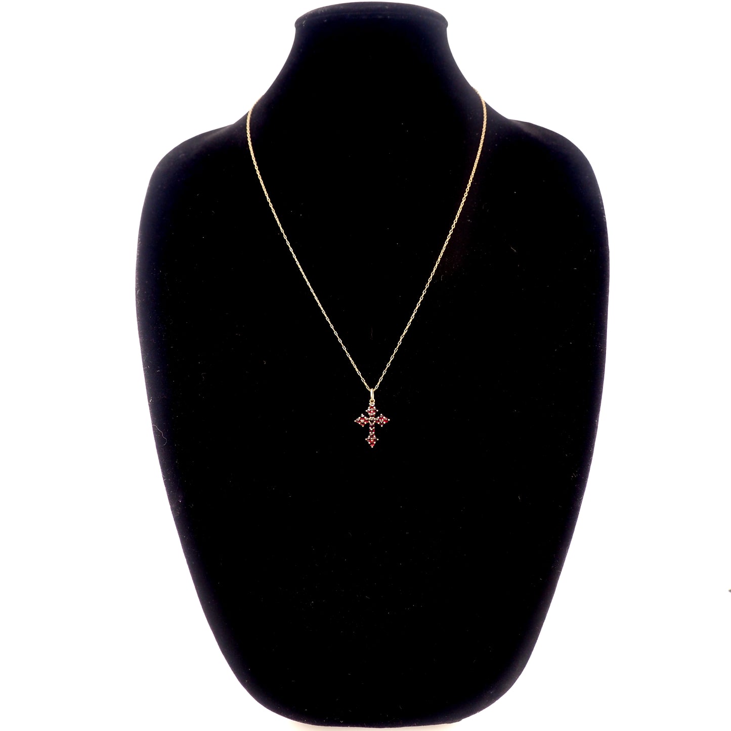 Vintage 1960s Red Garnet and Gilt Cross Pendant 24" Necklace