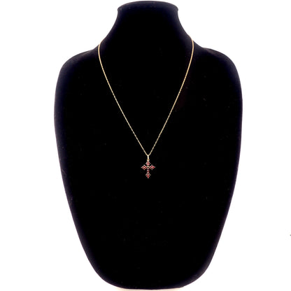Vintage 1960s Red Garnet and Gilt Cross Pendant 24" Necklace