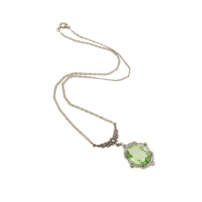 Antique 1920s Art Deco Sterling Silver and Green Glass Marcasite Choker 16" Necklace