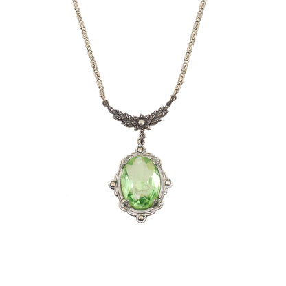 Antique 1920s Art Deco Sterling Silver and Green Glass Marcasite Choker 16" Necklace