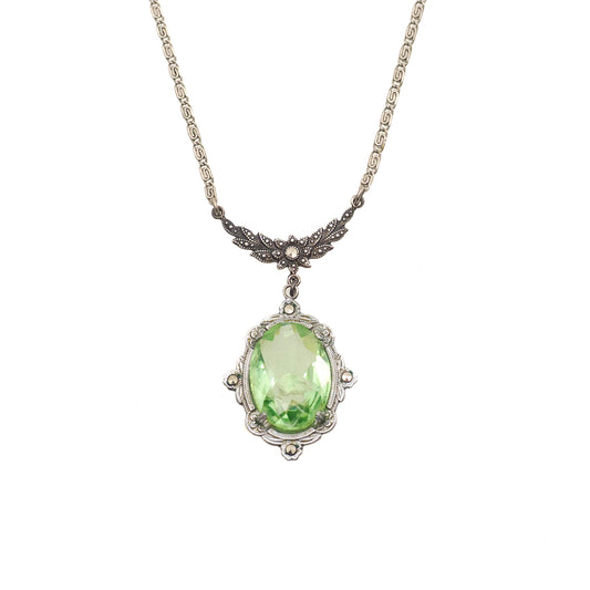 Antique 1920s Art Deco Sterling Silver and Green Glass Marcasite Choker 16" Necklace