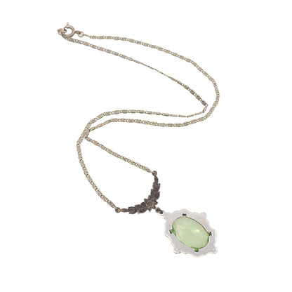 Antique 1920s Art Deco Sterling Silver and Green Glass Marcasite Choker 16" Necklace