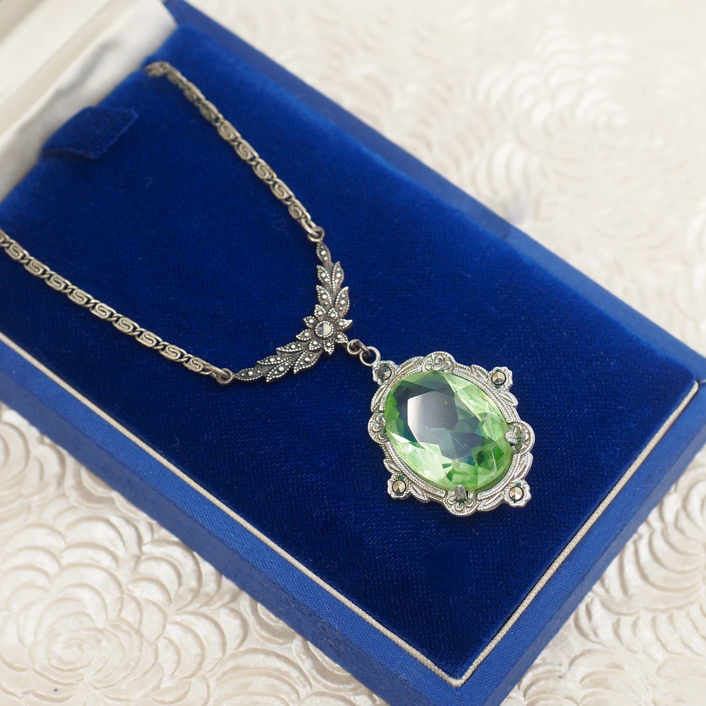 Antique 1920s Art Deco Sterling Silver and Green Glass Marcasite Choker 16" Necklace