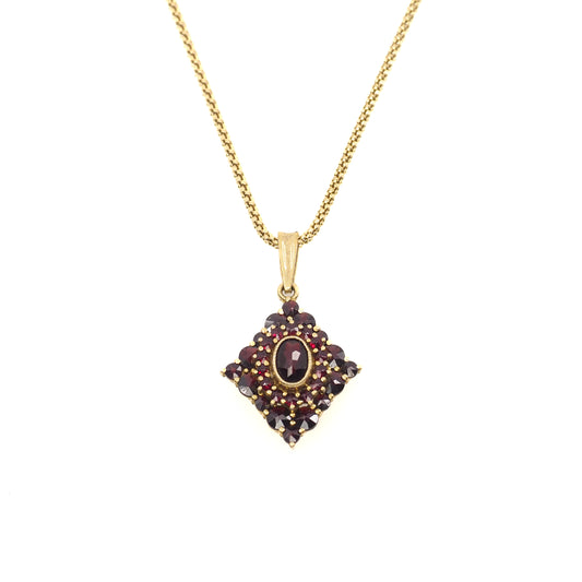 Vintage 1960s GRANAT TURNOV Bohemian Garnet Diamond-Shape Cluster Pendant 29" Necklace