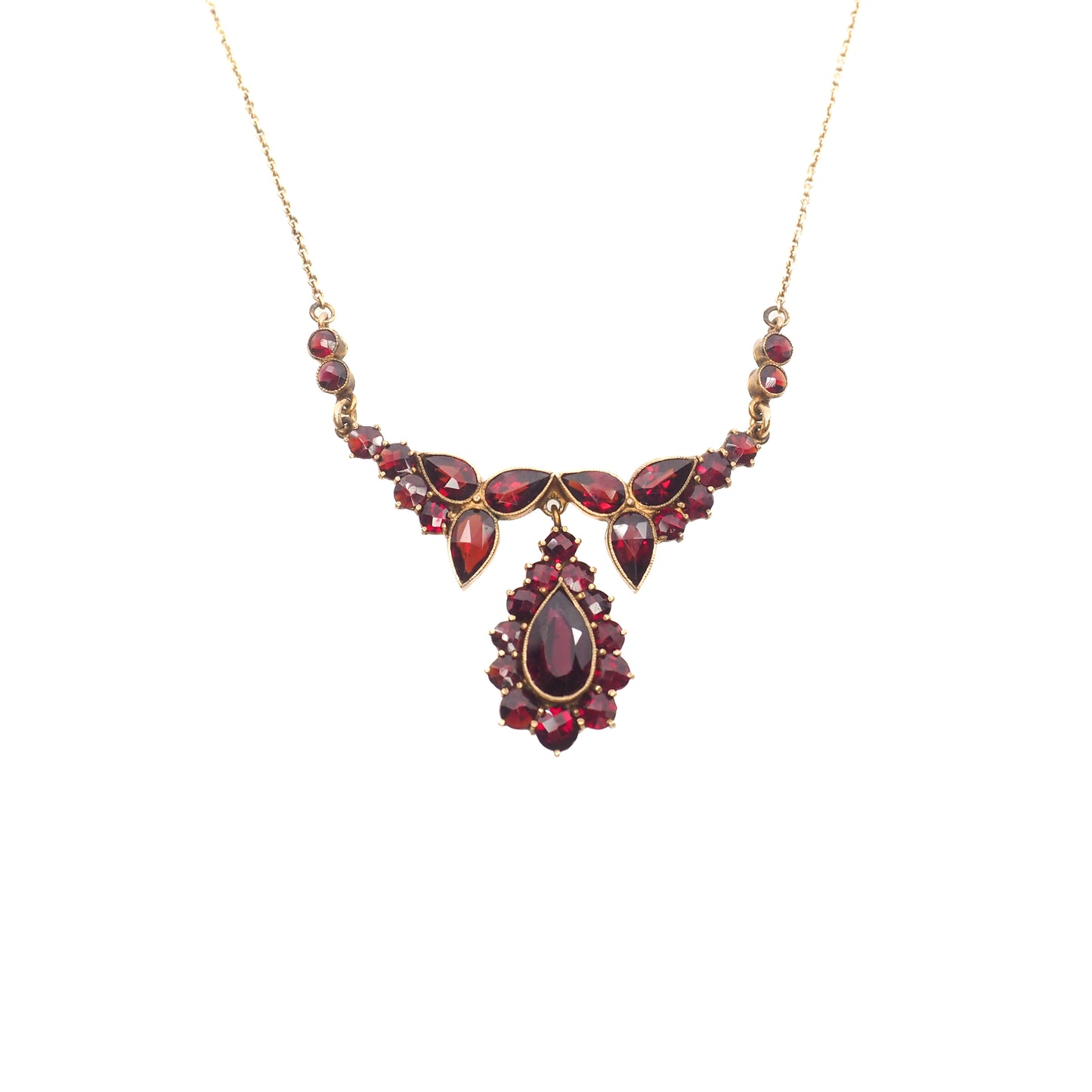 Vintage 1930s Red Bohemian Garnet Drop Choker Gilt 17" Necklace