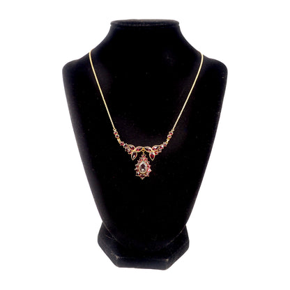 Vintage 1930s Red Bohemian Garnet Drop Choker Gilt 17" Necklace
