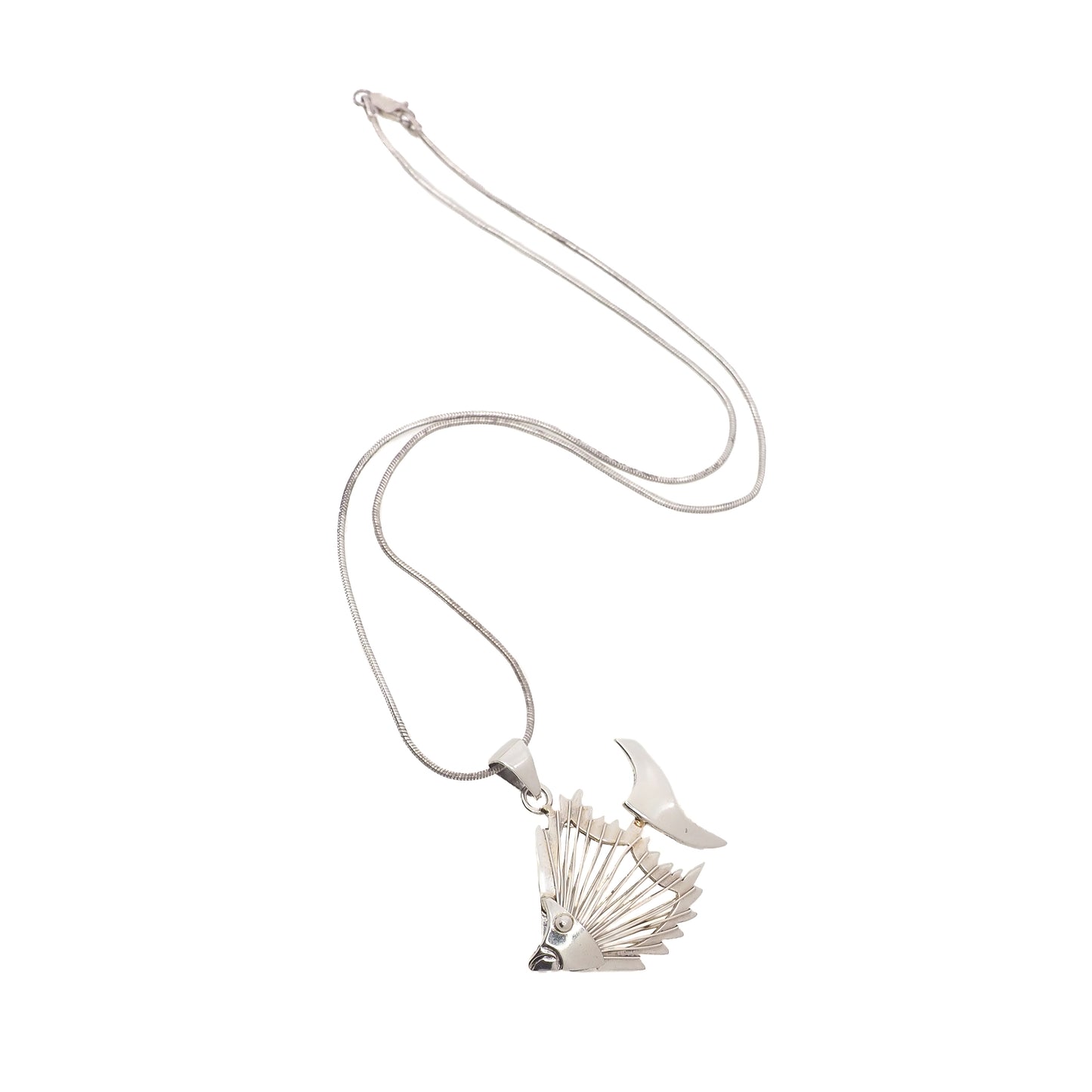 Vintage 190s Mexico Fish Skeleton Sterling Silver Pendant 18" Necklace