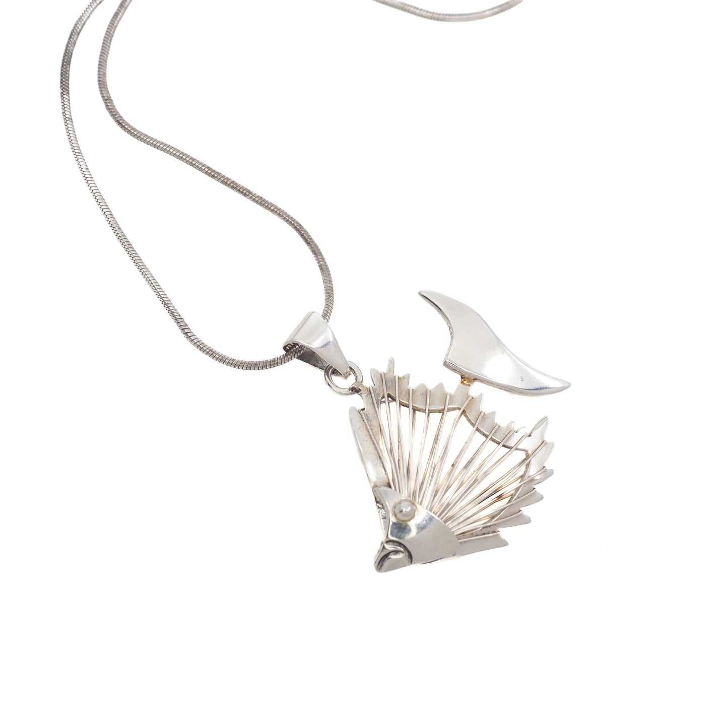 Vintage 190s Mexico Fish Skeleton Sterling Silver Pendant 18" Necklace